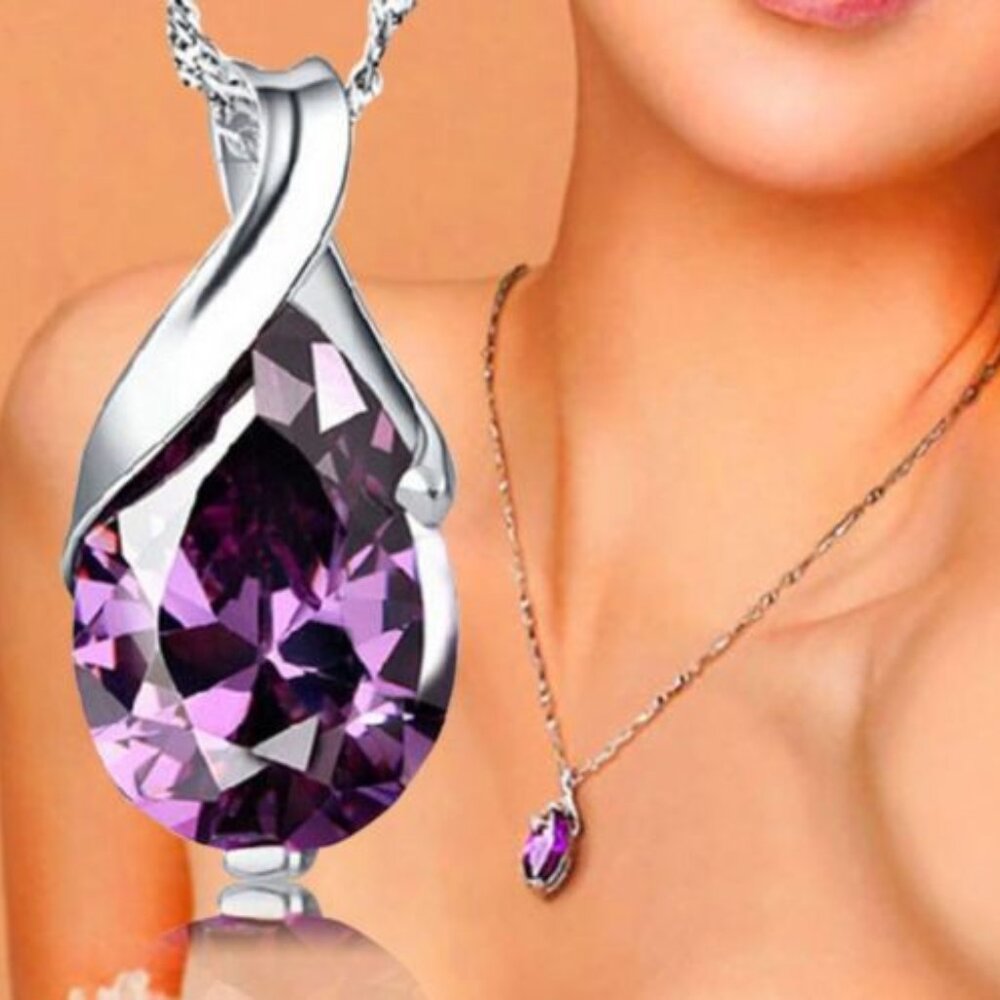 New Womens Amethyst & 925 Sterling Silver Necklace